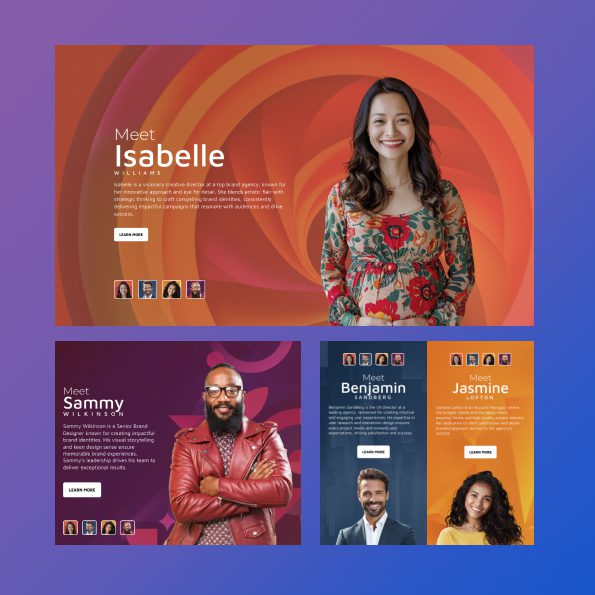 Team members profiles with vibrant background colors