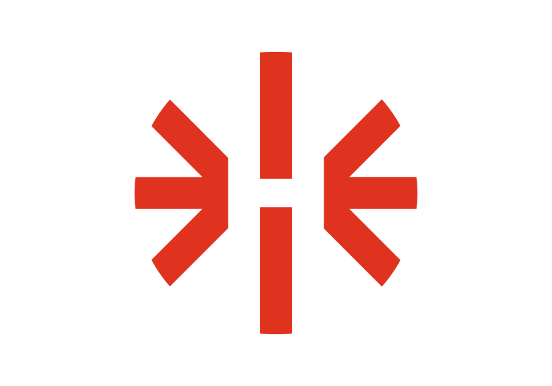 Red geometric logo design with symmetrical arrows and bars
