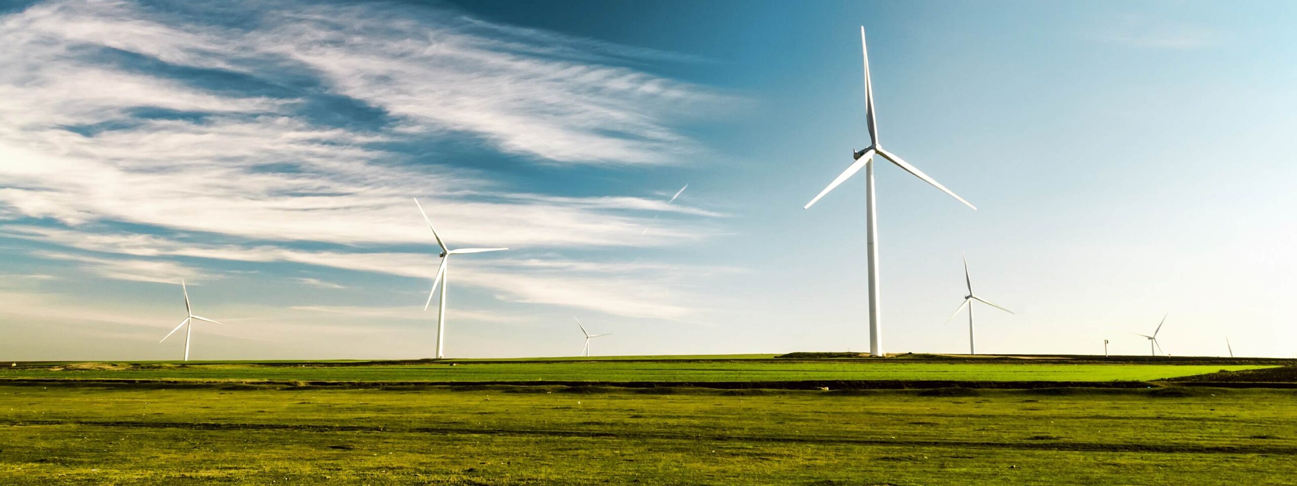 Wind turbines on green landscape under blue sky